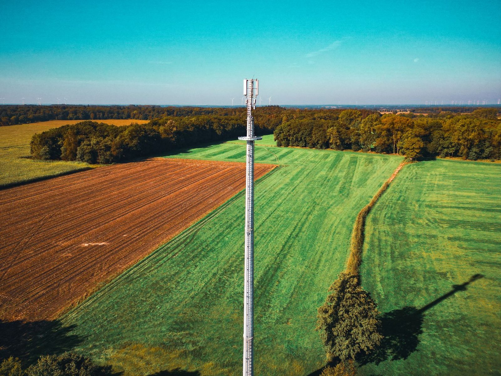 Aerial view of a mobile phone mast standing among cultivated fields and woodland